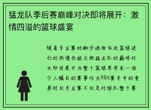 猛龙队季后赛巅峰对决即将展开：激情四溢的篮球盛宴